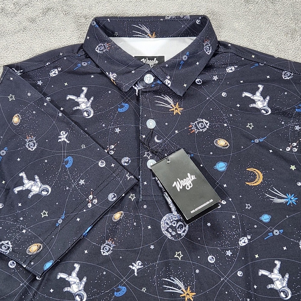 Waggle Mission Albatross Polo Shirt Mens Medium Blue Astronaut Space Print Golf